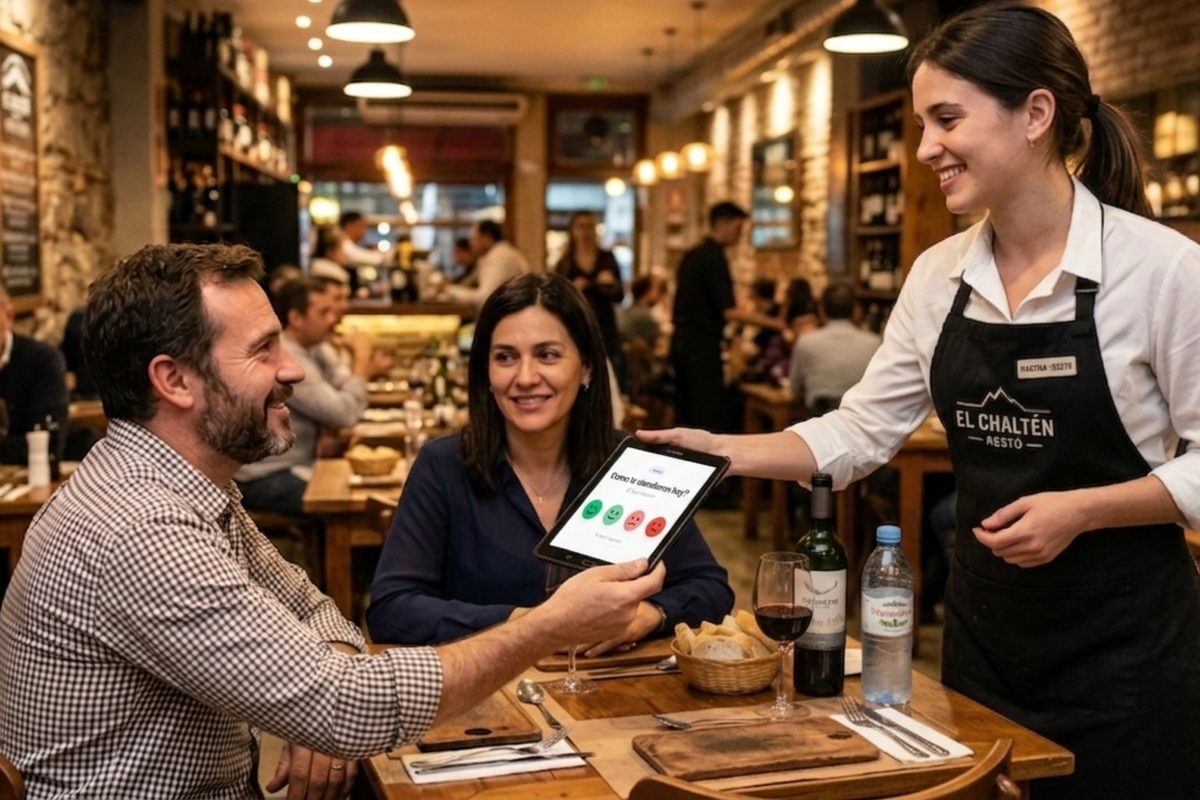 Moza mostrando tablet DeDiez a comensales en restaurante El Chaltén