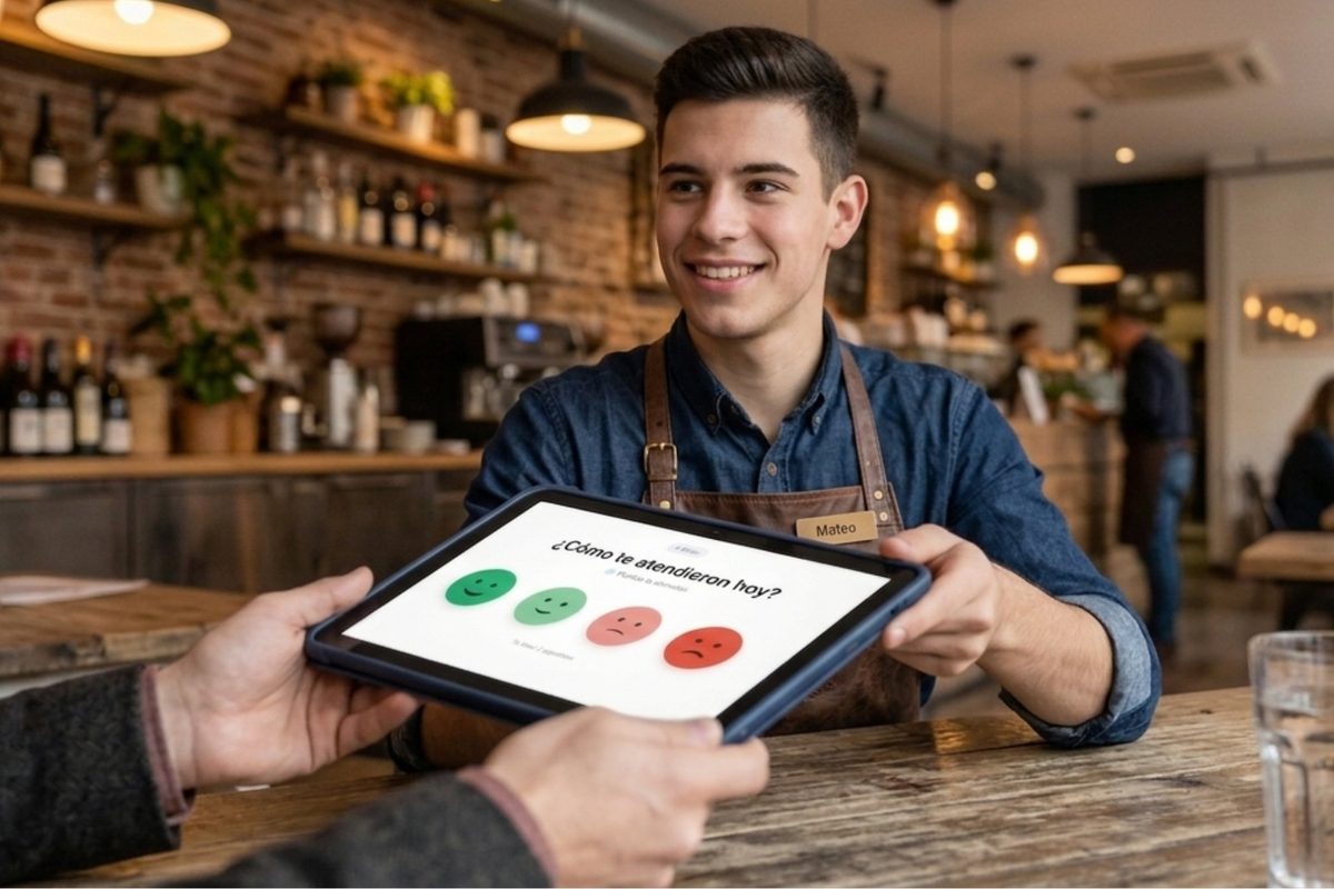 Mozo entregando tablet DeDiez al cliente